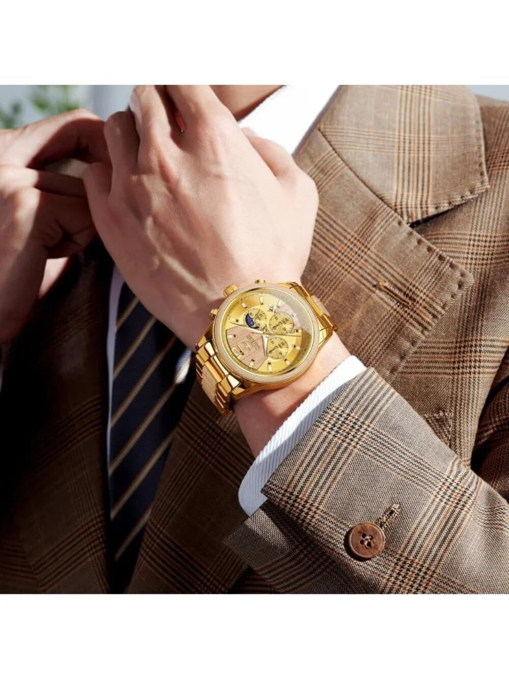 Men's Gold Quartz Stainless Steel Waterproof Luminous Date Luxury Wooden Watch
